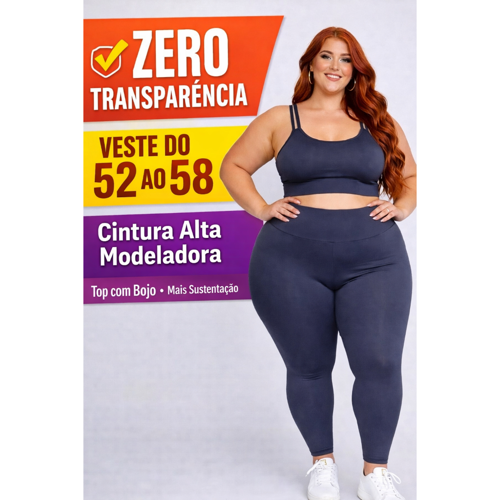 Conjunto Academia Plus Size Legging Cintura Alta + Top com Bojo Zero Transparência Veste do 52 ao 58