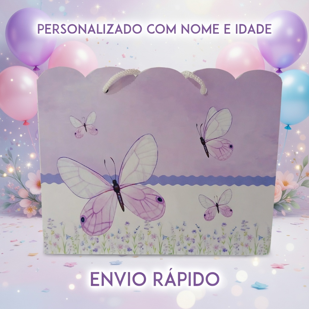 Sacolinha Surpresa Personalizada Jardim das Borboletas Lilás | Lembrancinha de Aniversário - Tam G - PEGUE E MONTE