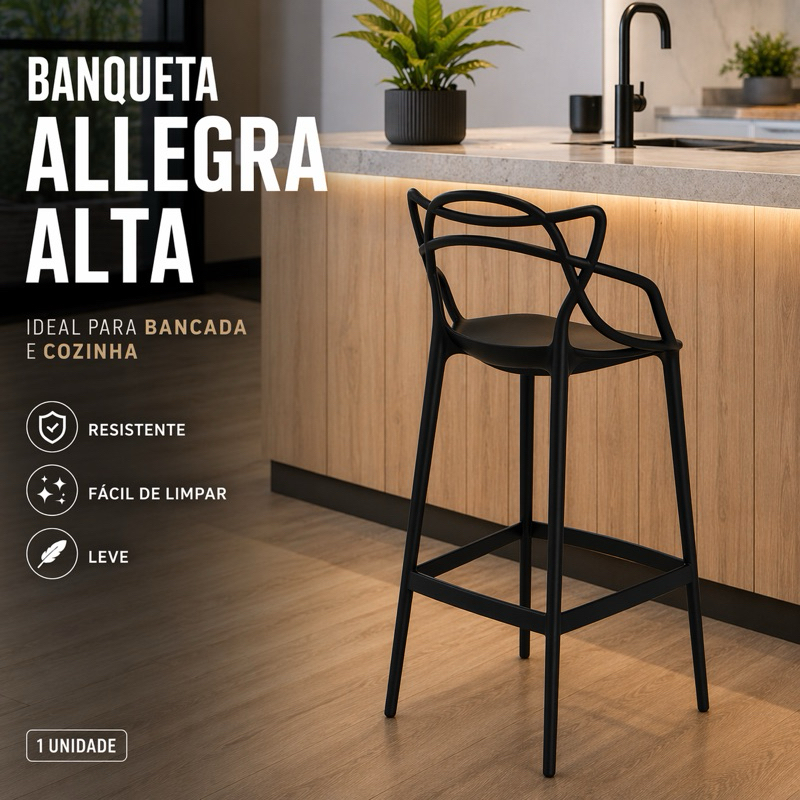Banqueta Allegra Preta para Bancada Cozinha Área Gourmet 1un