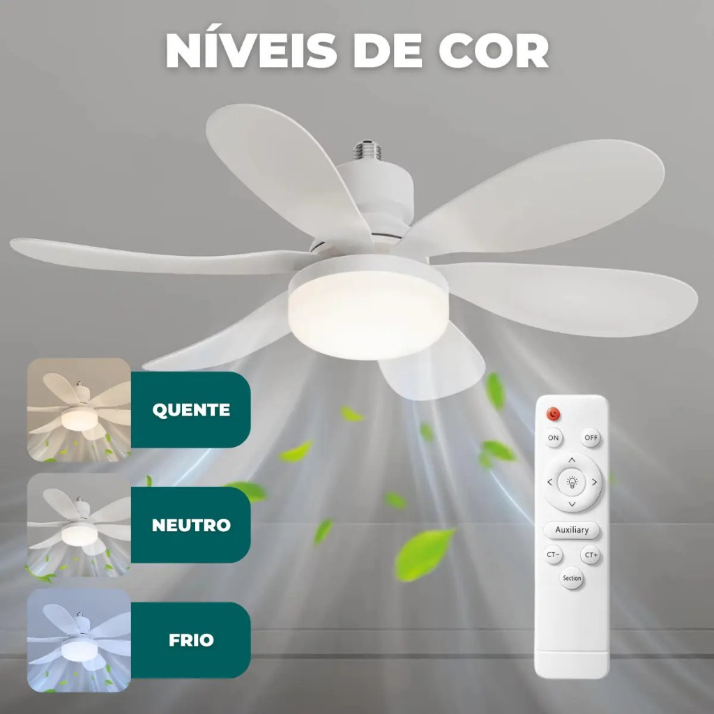 Lâmpada Ventilador 6 Pás 60w De Teto,110V/220V Bivolt, E27 Com Controle Luz Ajustável
