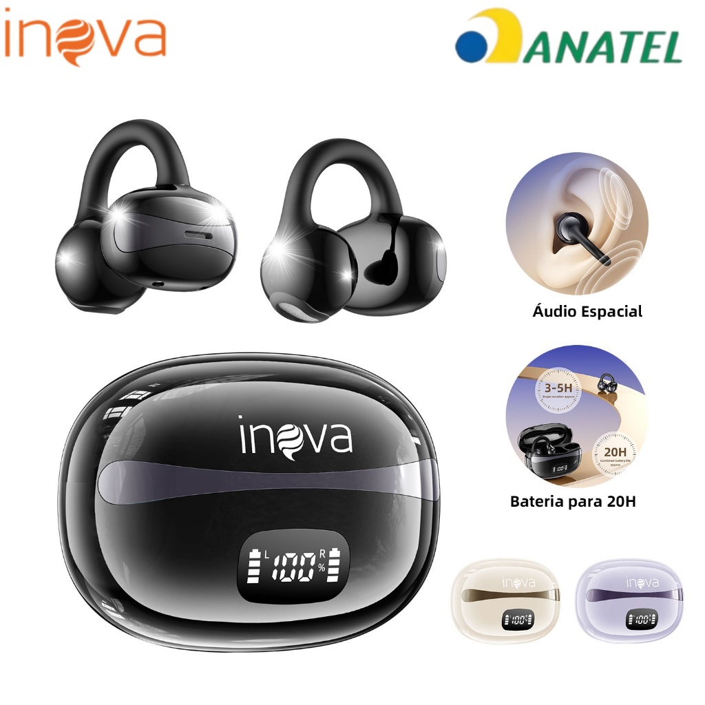 Inova Fone Bluetooth Clip Ear Sem Fio Microfone | Cancelamento de Ruído, Esportes e Jogos