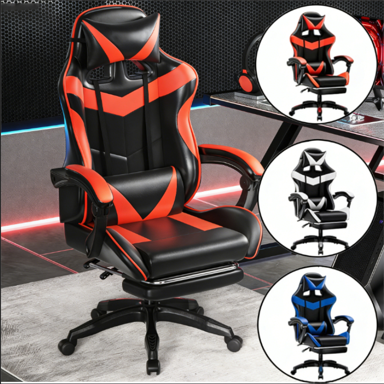 Cadeira Gamer Reclinável Ergonômica com Apoio para Pés Couro Sintético Preto e Vermelho em Oferta na Shopee