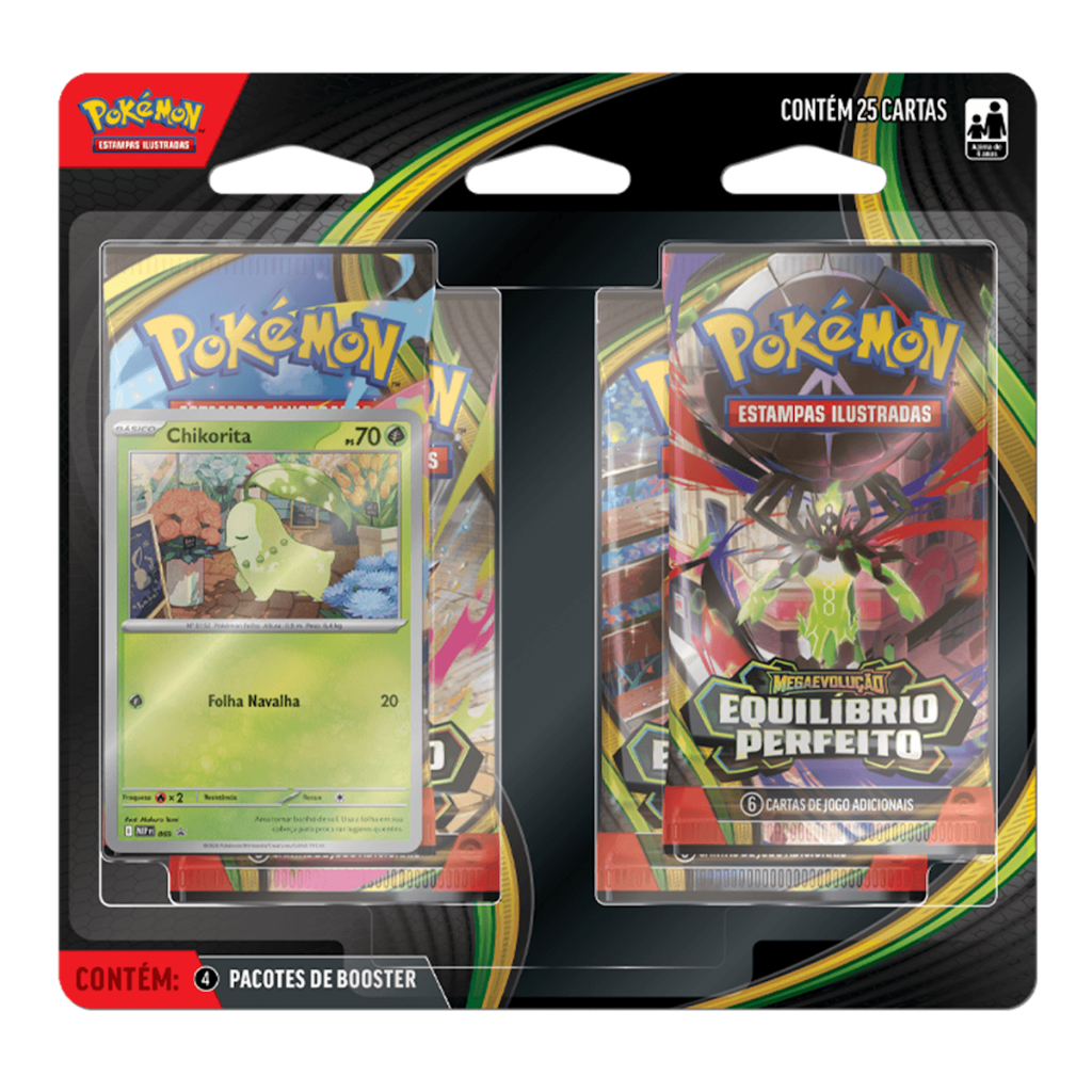 Blister Quadruplo Pokémon ME03 Equilíbrio Perfeito com Carta Promocional Chikorita 25 Cartas