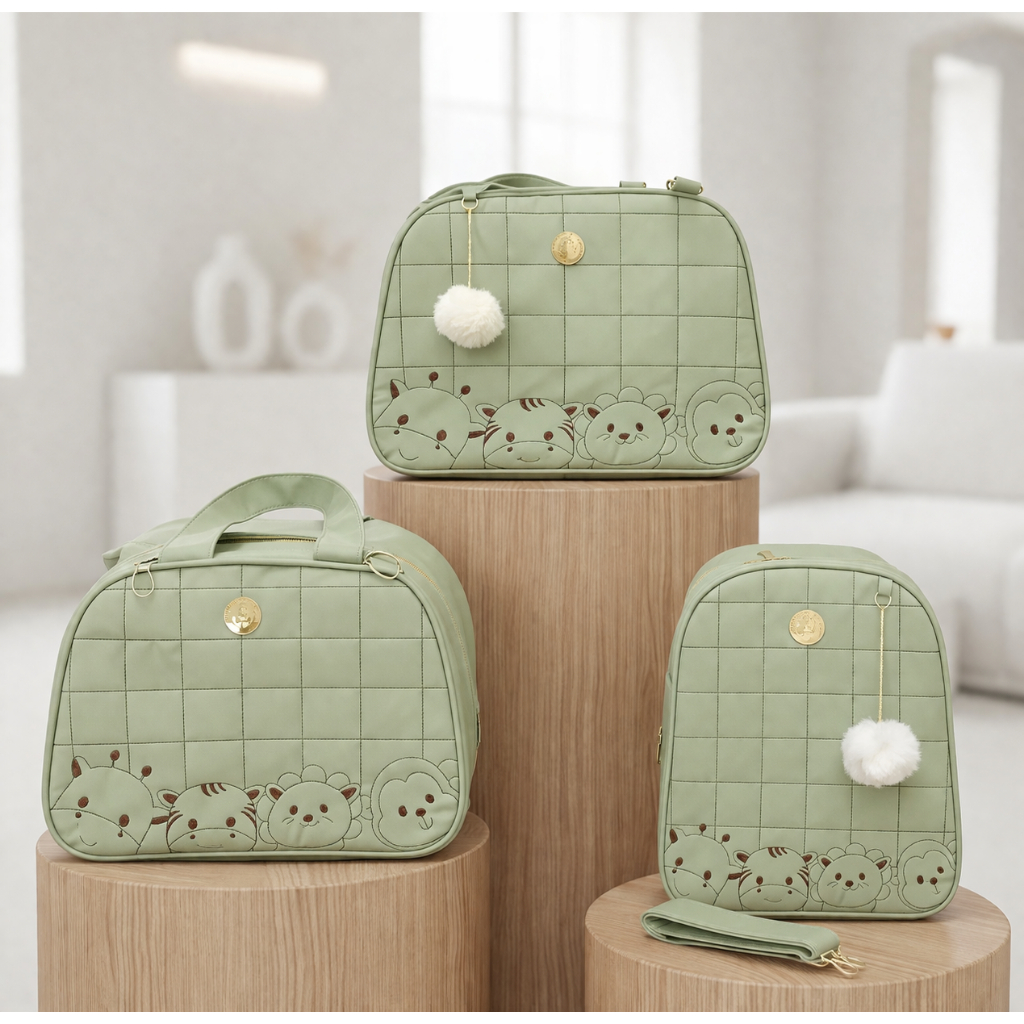 Bolsa maternidade Safari 3 peças, térmica, impermeável e com alça removível!.