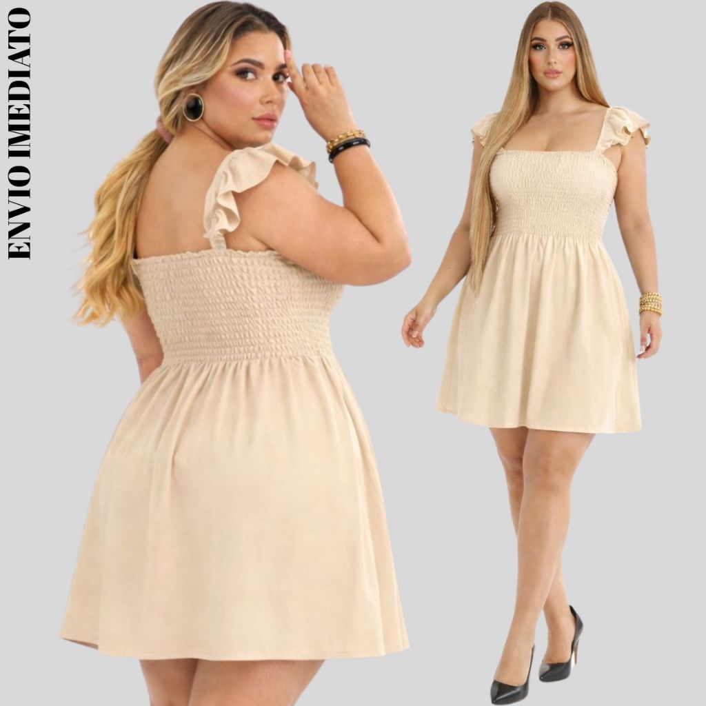 Vestido Curto Bia bege Plus Size Elegante confotavel sexy Alça Babado Lastex Perfeito Moda Casual tendência veste até 54