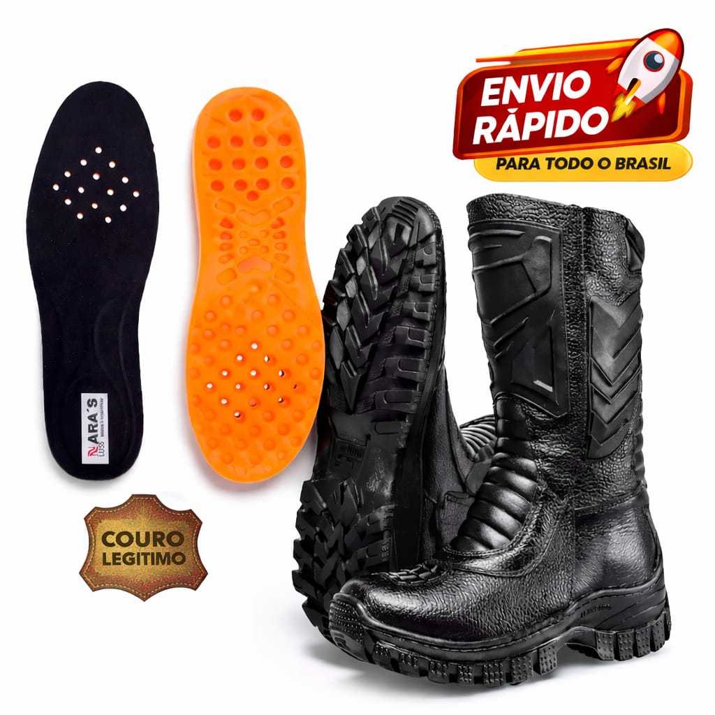 Bota Tática Couro Legítimo Masculina Cano Alto Solado Antiderrapante Coturno Resistente Confortável