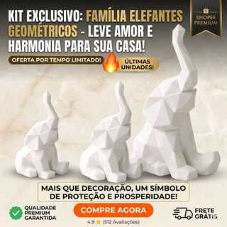 Trio de Elefantes Decorativos 3D Geométrico Minimalista - Kit Família Prosperidade 3 Peças