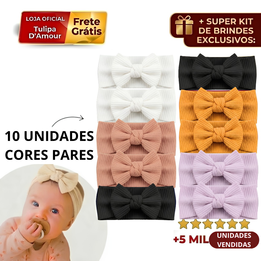 Kit 10 Laços Bebê Faixinha Cores Pares Canelado Premium Boutique Não Aperta + Brindes