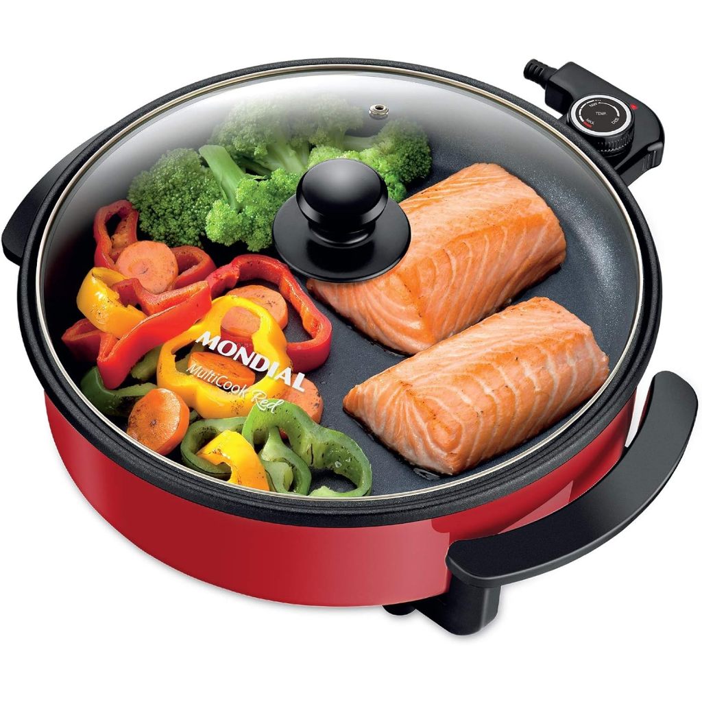 Panela Elétrica Redonda Vermelho Tampa Vidro Antiaderente 1200W 110V  PE-28 Mondial