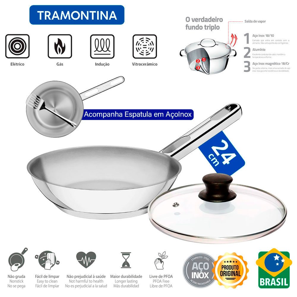Frigideira com Tampa 24cm Tramontina Allegra em Aço Inox e Indução 2,1L e Espátula Vazada Inox