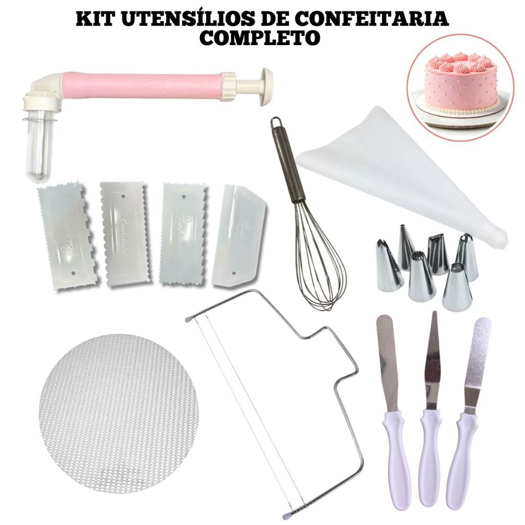 Kit 19 Utensílios para Confeitaria Completo Espátulas Inox Raspador Nivelador Bicos Saco Fuê