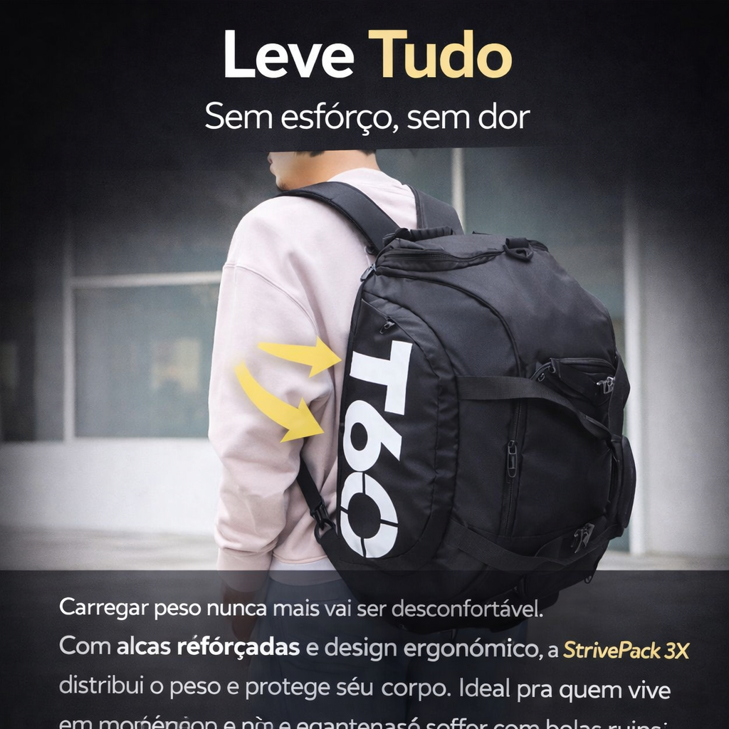 Bolsa Mochila Esportiva 3 em 1 Impermeável Masculina Grande Academia Viagem StrivePack 3X