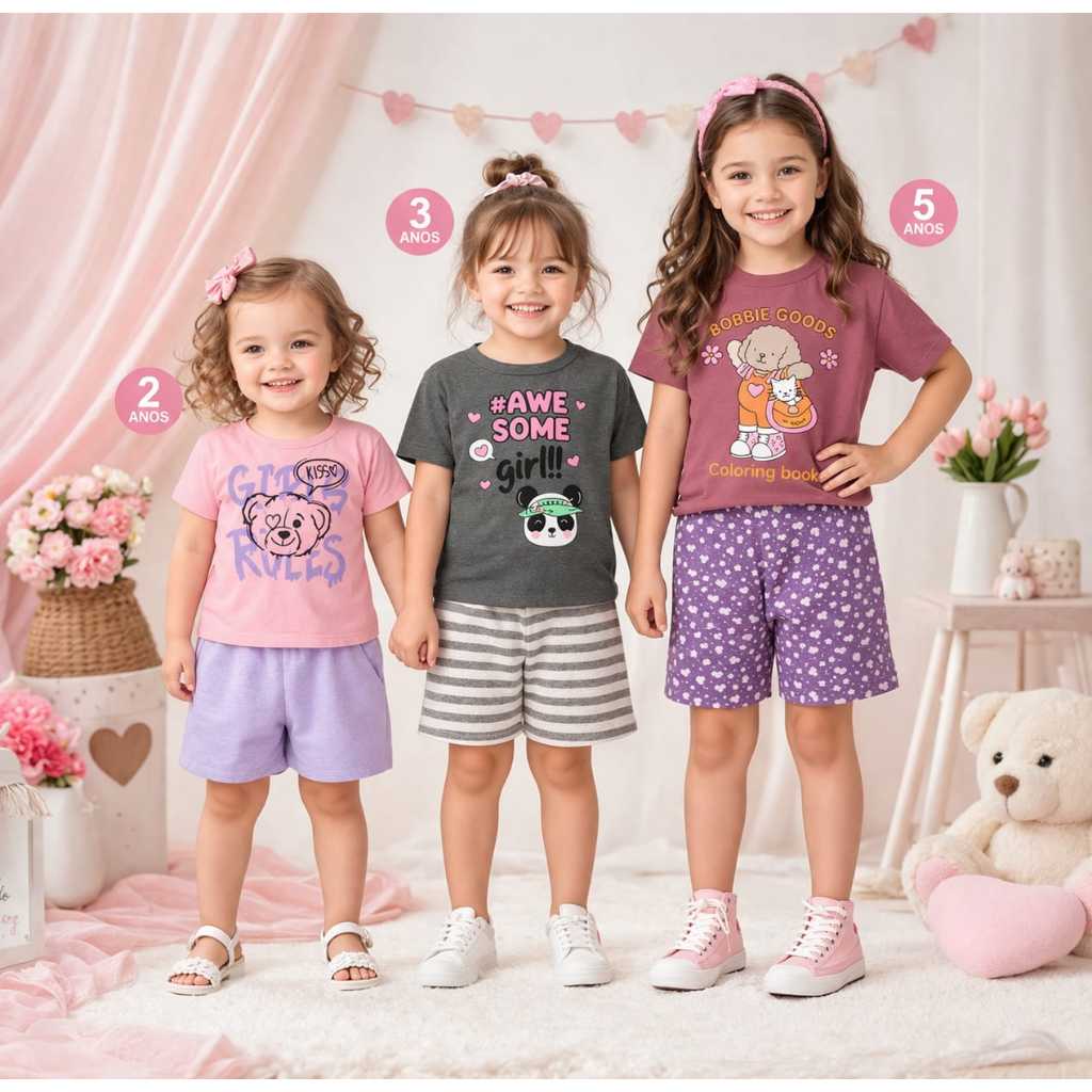 1 Conjunto menina verão feminino infantil menina camisa e bermuda shorts