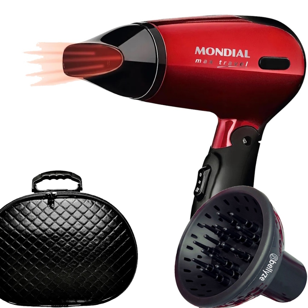 Secador De Cabelo Mondial Mini Dobrável Viagem Hotel Academia 1200w Difusor Cachos Bivolt Com Maleta