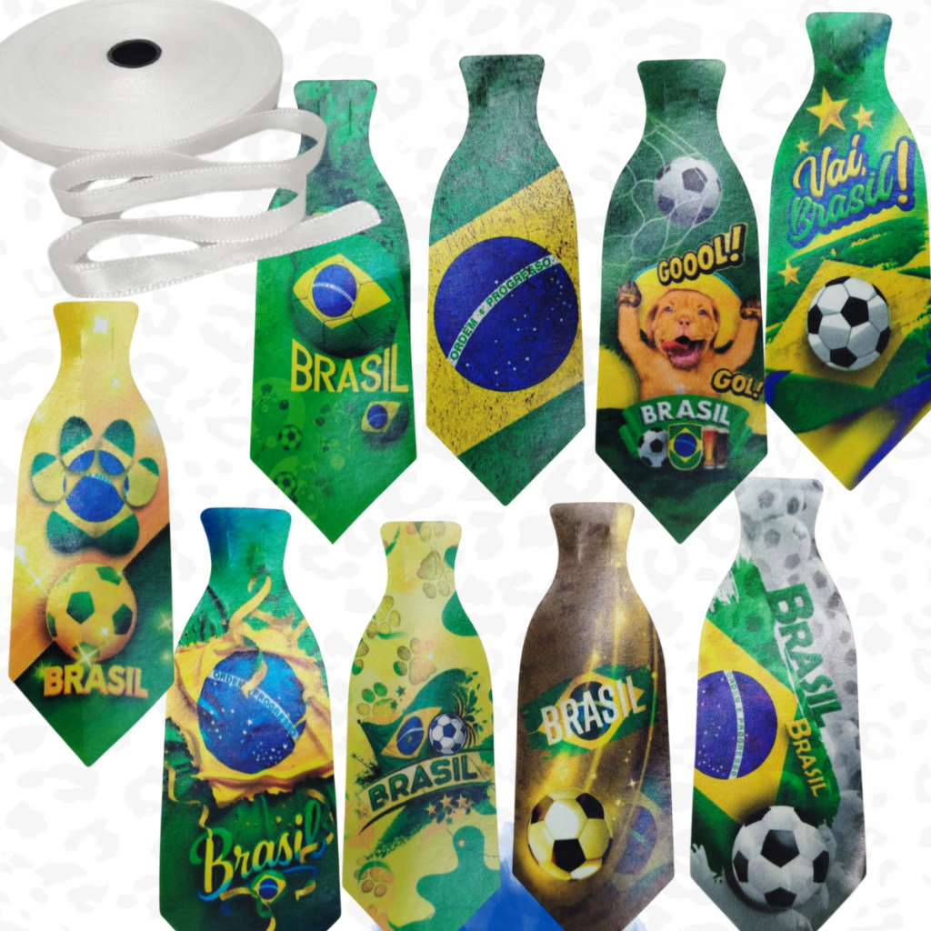 Gravata PET COPA DO MUNDO / BRASIL Estampada Em Couro Sintético 100un C/ Fita Cetim