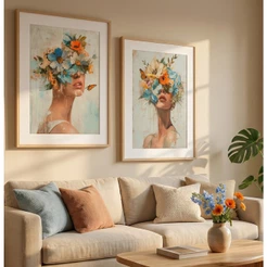Quadros Decorativos Quarto Feminino Sala Kit 2 Quadros Com Moldura Mulher Com Flores Azul Laranja