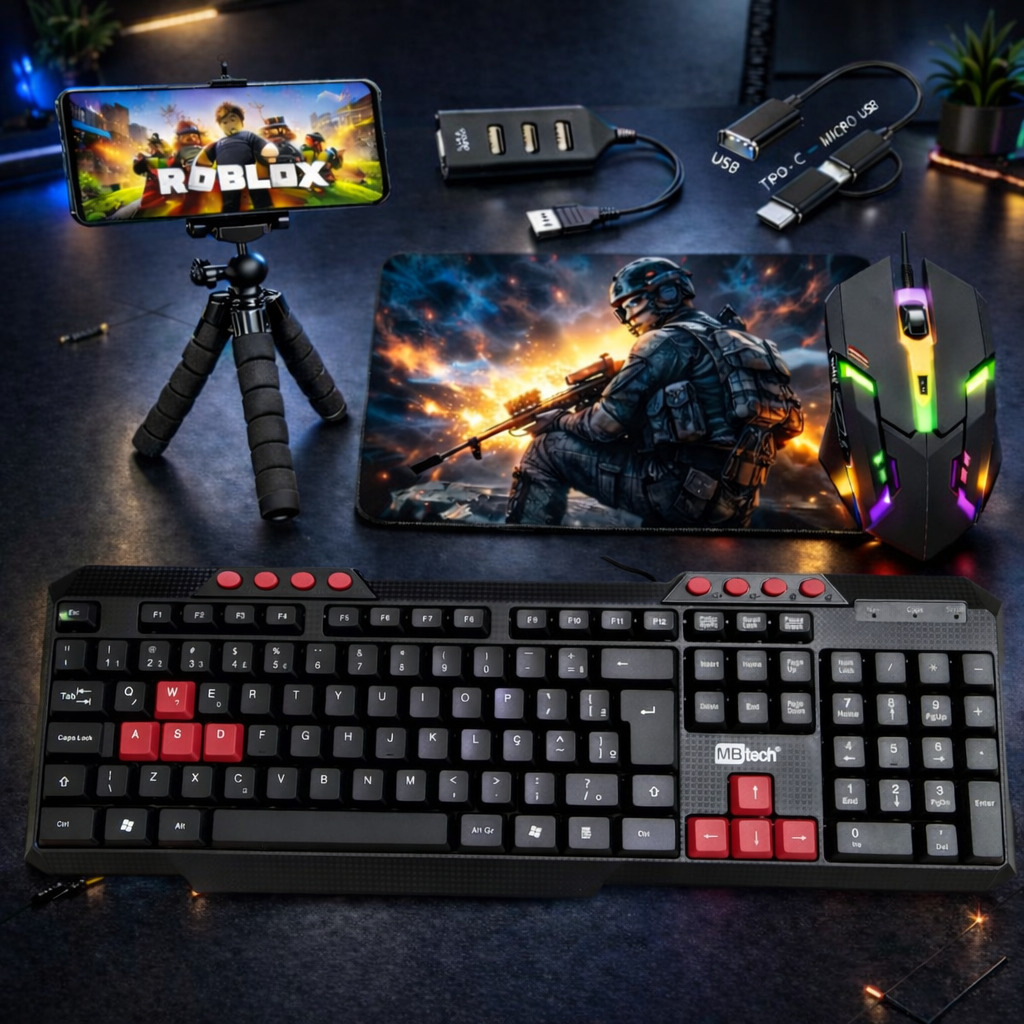 Kit Mobilador One Hand Gamer Completo Para Celular Com Teclado + Mouse Gamer Led RGB