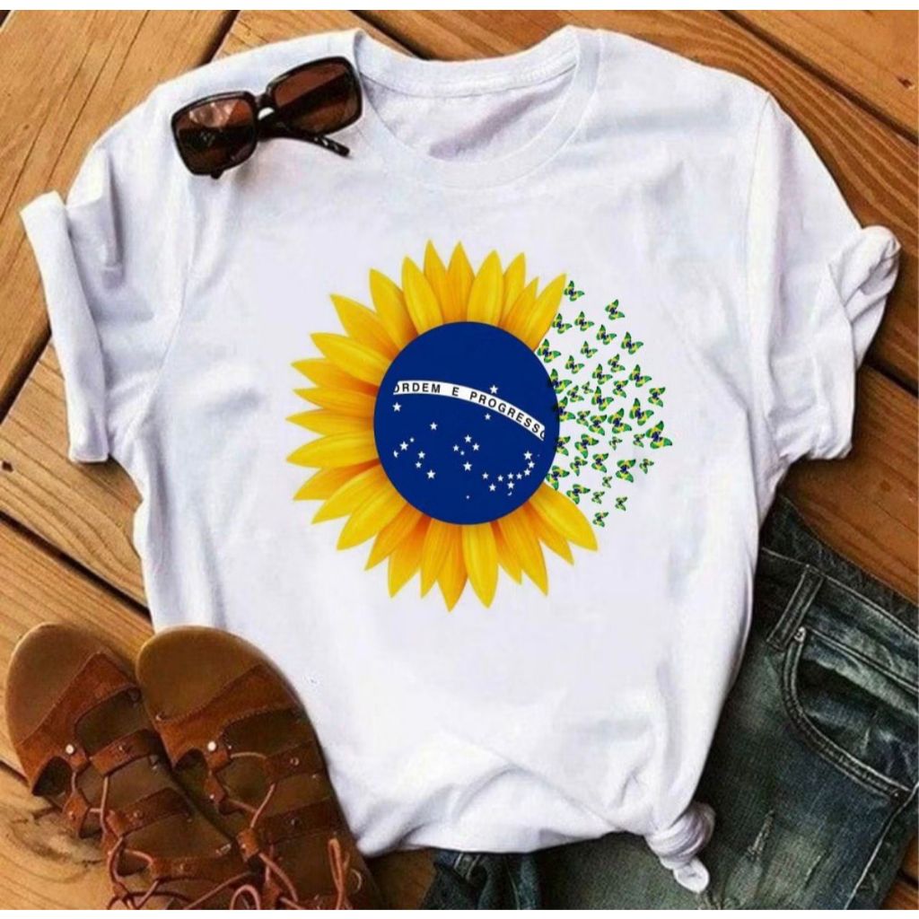 Camiseta Feminina Girassol Brasil Estilosa Confortável Look Casual Moderno Camisa T Shirt Copa do Mundo 2026 Babylook