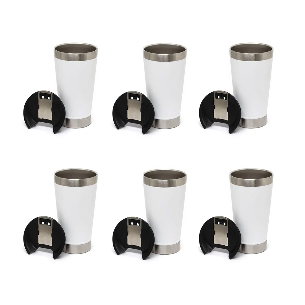 Kit 6 Copos Térmico De Cerveja Café Aço Inox 473ml Com Tampa Branco