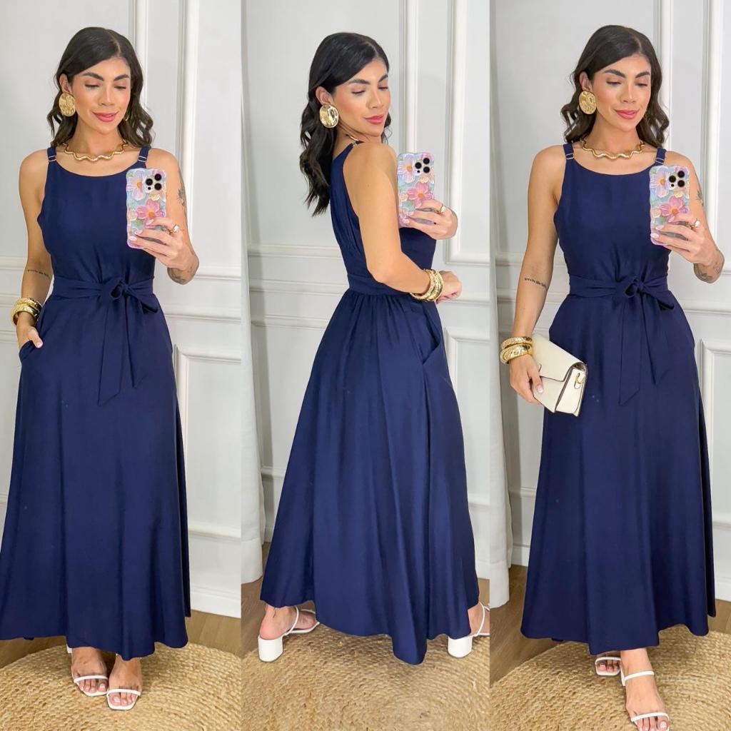 VESTIDO LONGO FEMENINO MANGA REGATA TECIDO VISCOSE SARJADA ELASTEX NAS COSTAS CON BOJO E LAÇO