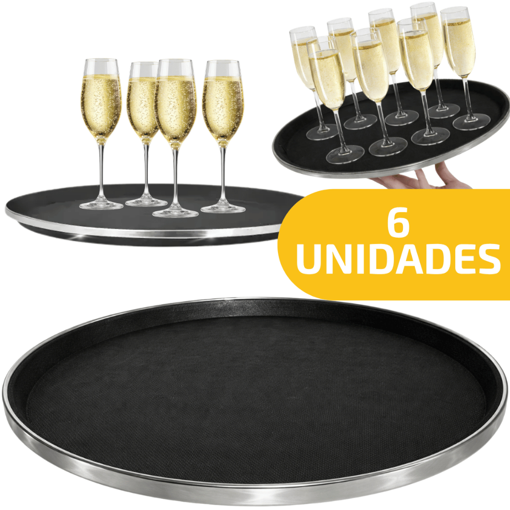 6 Bandeja Redonda Garçom Antiderrapante Emborrachada C/Borda Inox 35cm Servir Transportar Copo Taças
