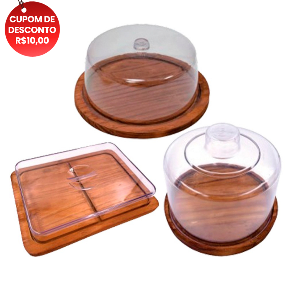 OFERTA 6.6 KIT 3pçs, Café da Manhã, Queijeira e Boleira e Porta Frios GRANDE (26X20cm) de Madeira RUSTCO Café