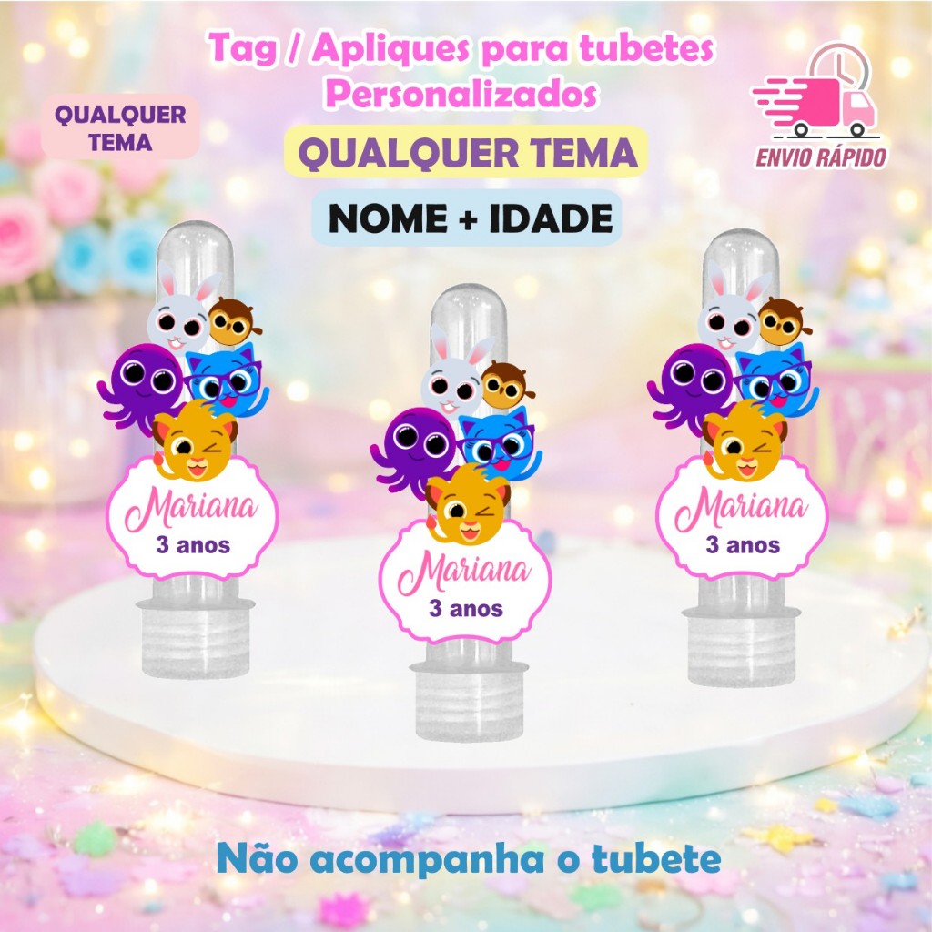 Apliques Personalizados Para Tubetes Bolofofo Rosa Menina - Lembrancinhas Aniversário / Com Nome e Idade