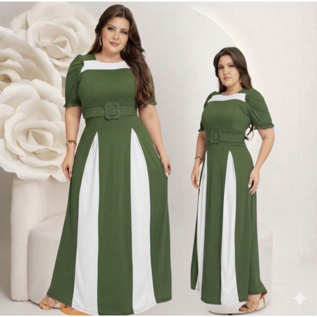Vestido Feminino Longo Social Manga Estilosa Moda Evangélica Plus Size Congresso Bicolor Com Cinto