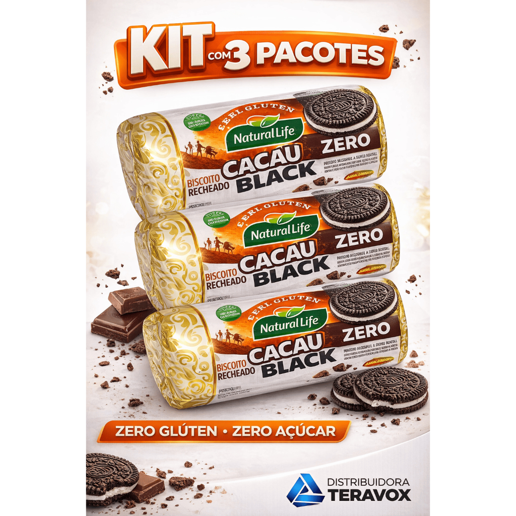 KIT 3 Biscoito Cacau Black sabor Baunilha Tipo Oreo Sem Glúten Zero Açúcar Vegano - Natural Life