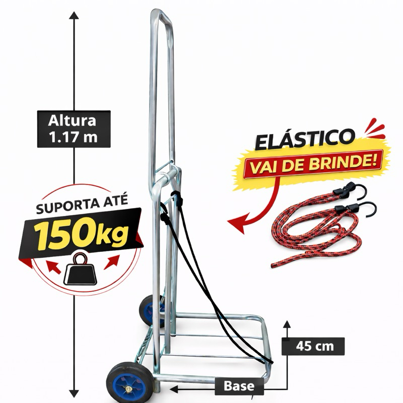 Carrinho de Mão Dobrável GG Reforçado até 150kg Compacto e Portátil com Elástico de Brinde