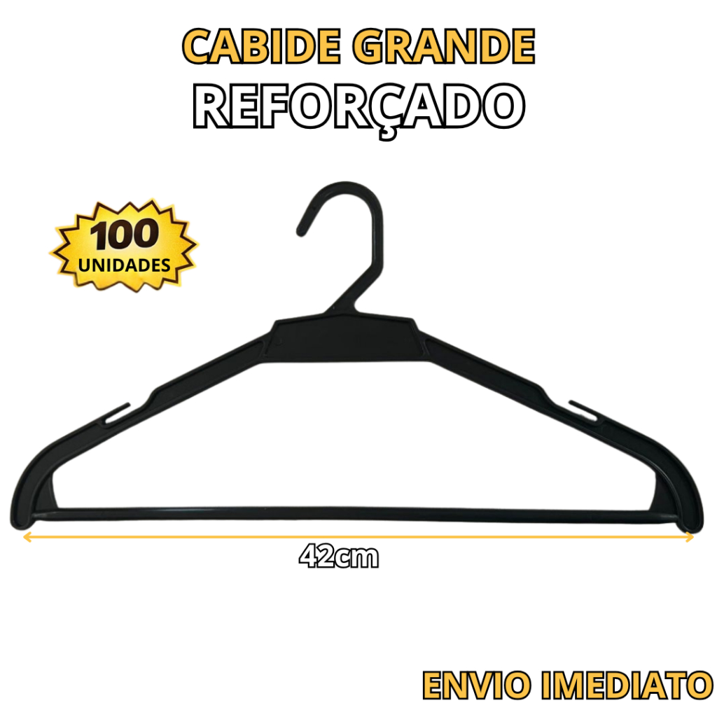 Cabide Adulto Reforçado Preto 42cm - Kit 10 a 100 Unidades - Suporta até 5kg - Direto de Fábrica