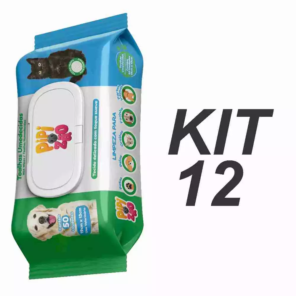 KIT 12 PACOTES DE LENÇOS UMEDECIDOS PIPIZÃO COM 50UNI ATACADO CAES E GATOS