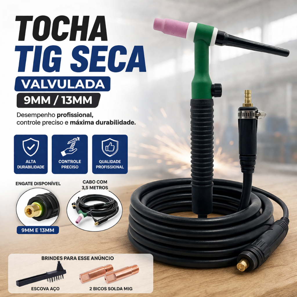 Tocha Máquina Inversora Solda Tig Valvulada Seca Engate 9mm 13mm 200a  Compativel Esab Lynux Boxer Smarter Tork Bamboozi