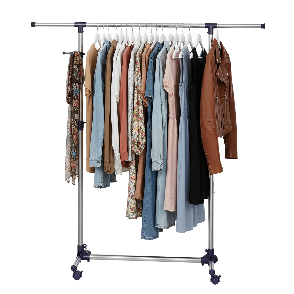 Imagem SONGMICS Cabideiro com rodas, altura ajustável 97–165 cm, barra extensível e ganchos laterais