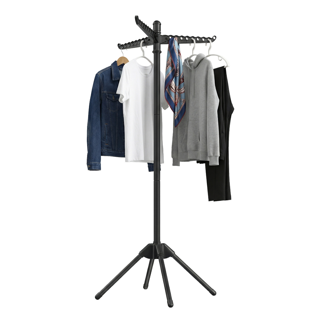 Imagem SONGMICS Varal de chão dobrável com 3 braços giratórios, suporte para cabides, aço inox, 150 cm, preto