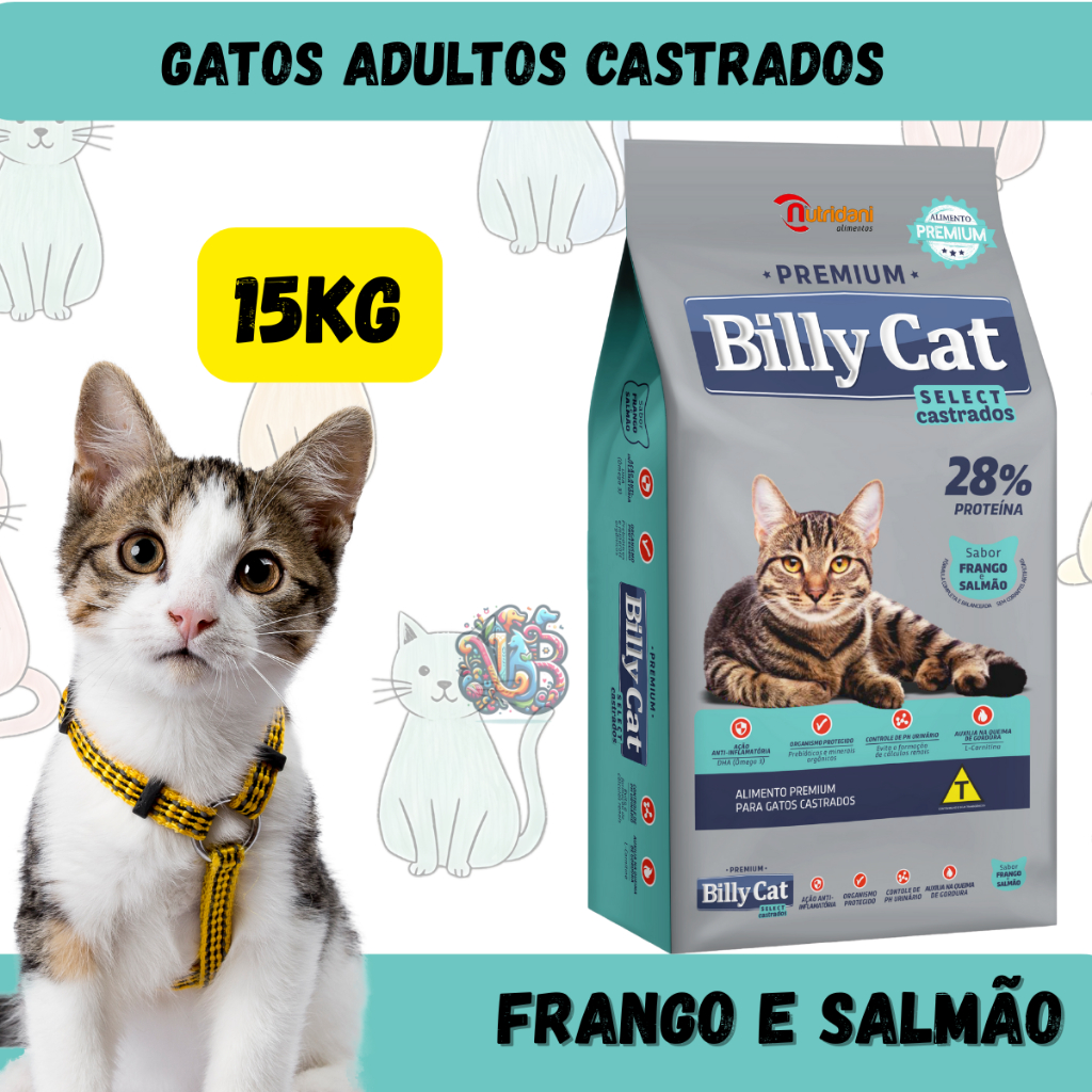 15Kg Billy Cat Ração Premium Gatos Adultos Castrados Frango e Salmão