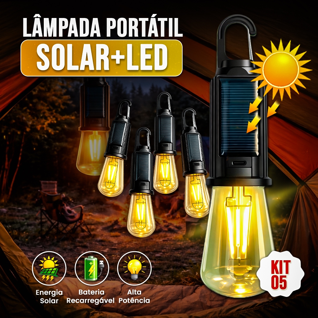 Lâmpada Solar LED Portátil Recarregável KIT 5 ou KIT 10 USB-C 3 Modo De Branco Quente Resistente