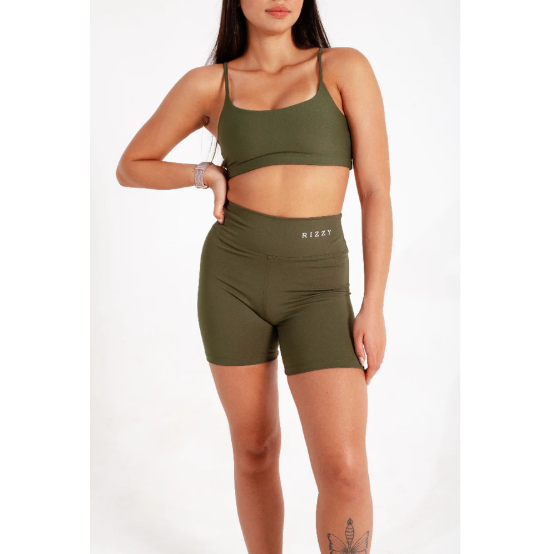 Short Fitness Feminino Cintura Alta Poliamida Zero Transparência Modeladora Academia Treino Esportivo Verde Militar