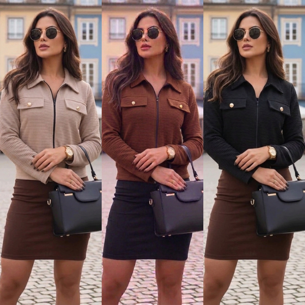Jaqueta Feminina Canelada com Zíper e Bolsos Casaco Moderno Elegante e Confortável | Tendência Inverno 2026