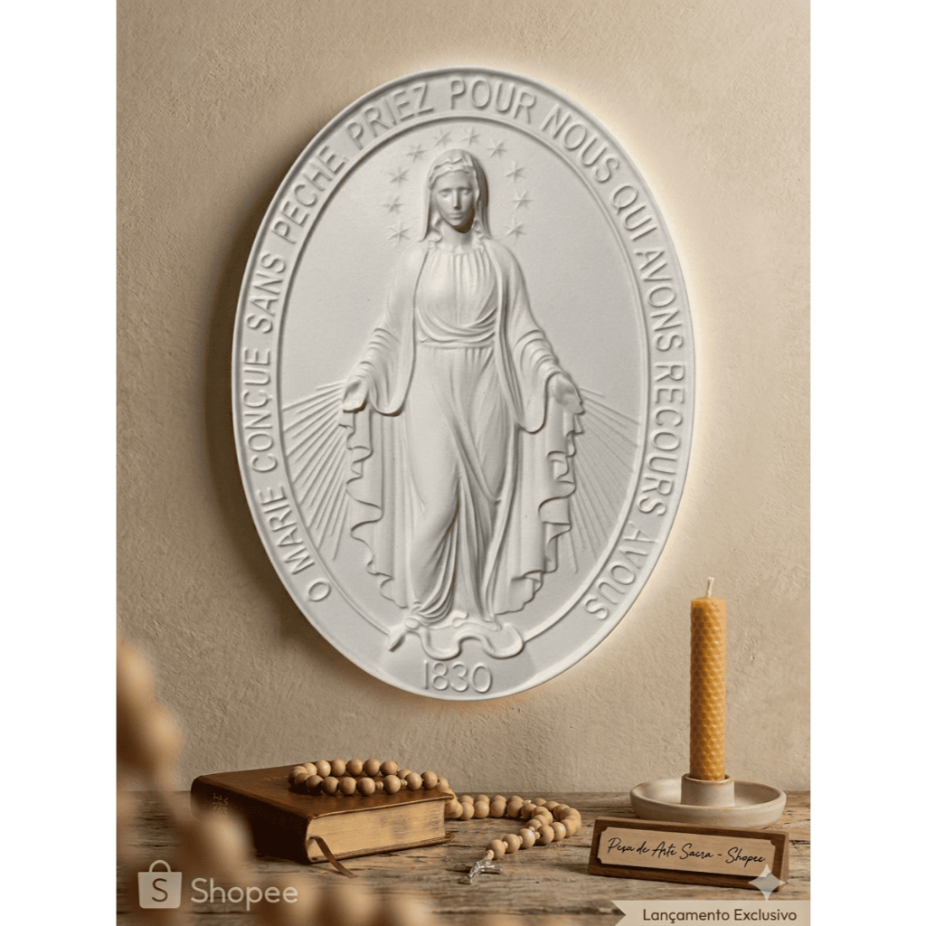 Quadro Nossa Senhora das Graças 3D 27x37 – Placa Decorativa Religiosa em Gesso Alto Relevo