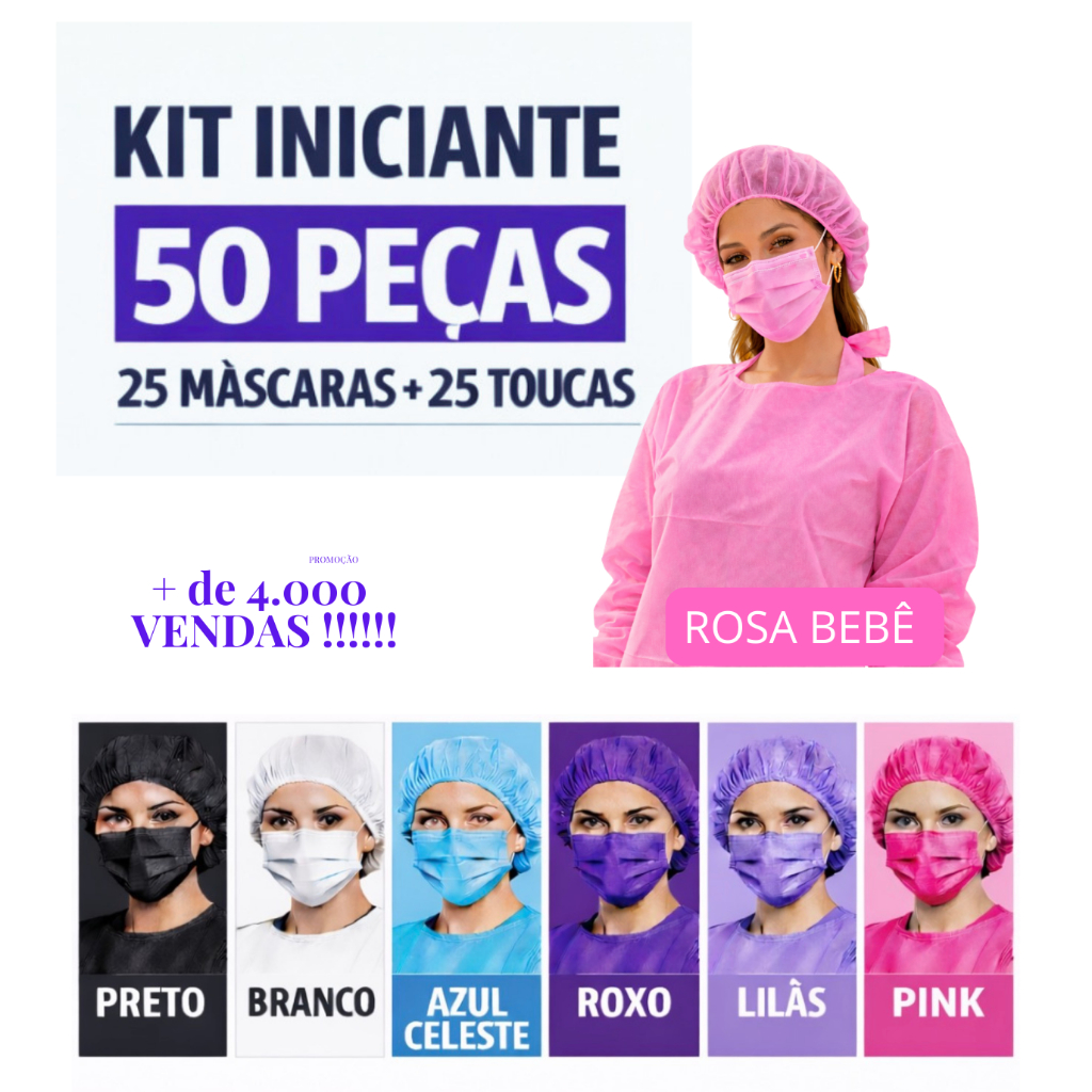 Kit Iniciante 25 Máscaras + 25 Toucas Descartáveis p/ Proteção Facial Salão Clínica & Cozinha em Oferta na Shopee