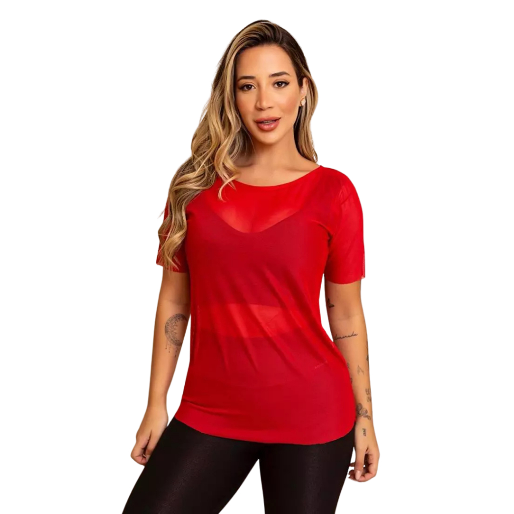 Blusa Feminina Transparente De Tule Manga Curta Camiseta Academia Treino Fitness Musculação