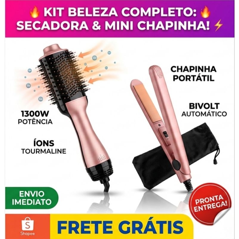 Kit Escova Secadora Alisadora 3 em 1 + Mini Chapinha Portátil Bivolt Profissional