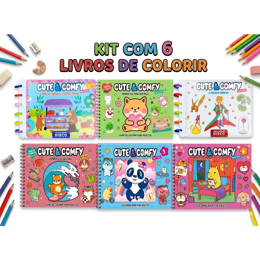 Kit 6 Livros de Colorir Cute Comfy Goods Desenhos Fofos e Criativos Arte Relaxante