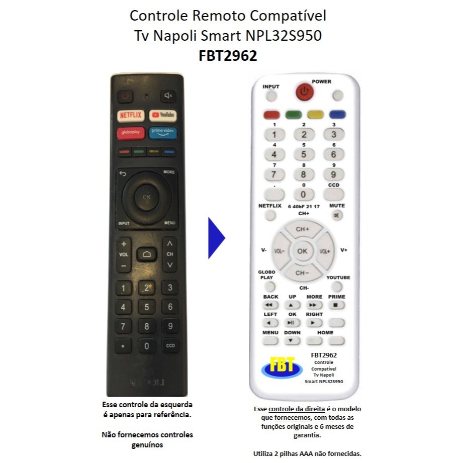 Controle Remoto Compatível TV Smart Napoli NPL32S950 FBT2962