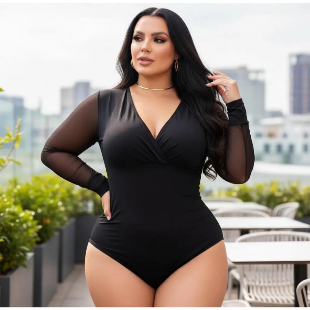 Body Feminino Plus Size Manga Longa Tule Decote V Elegante Moda 2026 Cruzado Transpassado Mais Vendido Gringa