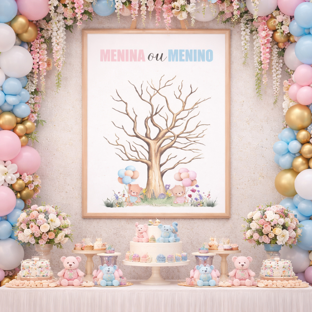 Quadro Decorativo Árvore Digital Ursinho Menina ou Menino MDF Chá Revelação