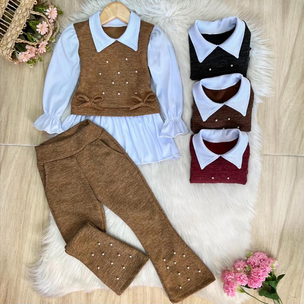 Conjunto Infantil Malla Rib Para Meninas Elegantes em Oferta na Shopee