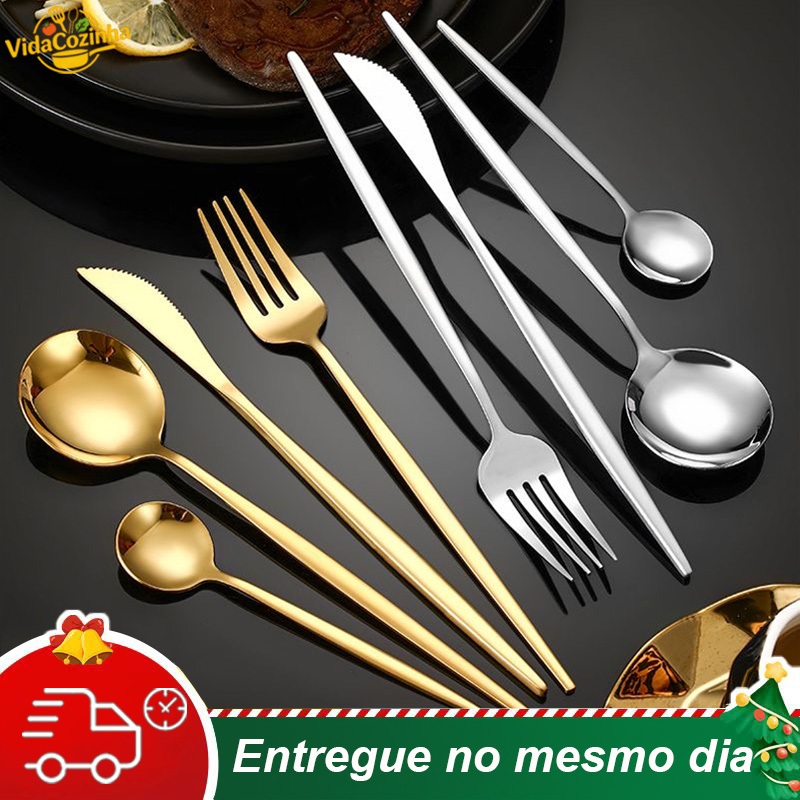 Kit 16/24 Jogo De Talheres Inoxidável  Suprimentos Cozinha Talheres Dourados  Talheres Prata