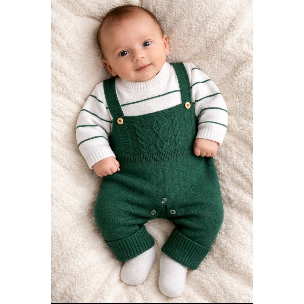 Macacão Trança Listra Jardineira Bebê Récem Nascido Menina Menino Tricot Tricô